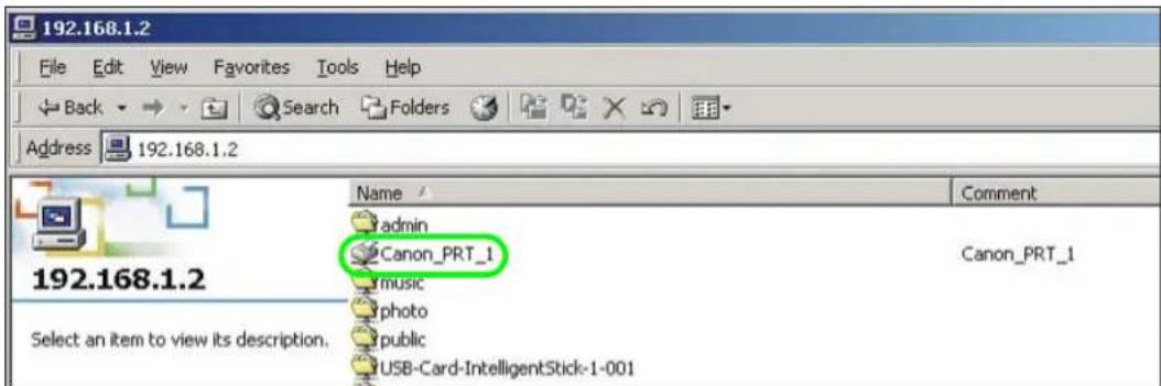 192.168.1.2 File Edit View Favorites Tools Help Back Search Folders Address 192.168.1.2 192.168.1.2 Select an item to view its description. Name Comment admin Canon_PRT_1 music photo public USB-Card-IntelligentStick-1-001 Canon_PRT_1