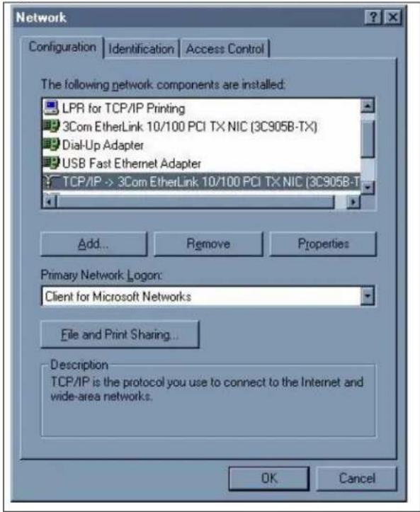 Network Configuration Identification Access Control The following network components are installed: LPR for TCP/IP Printing 3Com EtherLink 10/100 PCI TX NIC (3C905B-TX) Dial-Up Adapter USB Fast Ethernet Adapter TCP/IP -> 3Com EtherLink 10/100 PCI TX NIC (3C905B-T Add... Remove Properties Primary Network Logon: Client for Microsoft Networks File and Print Sharing... Description TCP/IP is the protocol you use to connect to the Internet and wide-area networks. OK Cancel