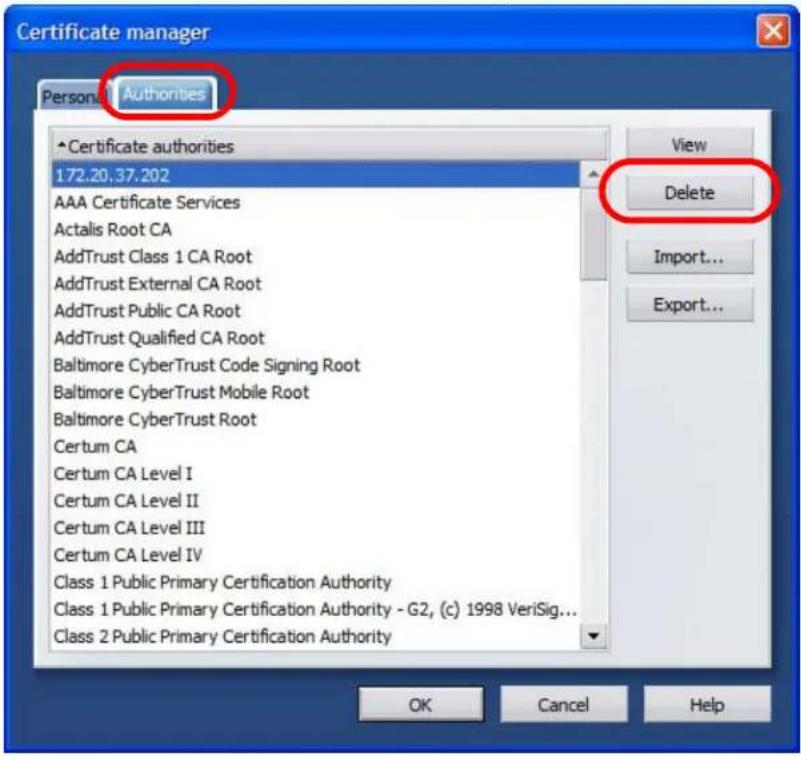 Certificate manager Personal Authorities •Certificate authorities 172.20.37.202 AAA Certificate Services Actalis Root CA AddTrust Class 1 CA Root AddTrust External CA Root AddTrust Public CA Root AddTrust Qualified CA Root Baltimore CyberTrust Code Signing Root Baltimore CyberTrust Mobile Root Baltimore CyberTrust Root Certum CA Certum CA Level I Certum CA Level II Certum CA Level III Certum CA Level IV Class 1 Public Primary Certification Authority Class 1 Public Primary Certification Authority - G2, (c) 1998 VeriSig... Class 2 Public Primary Certification Authority View Delete Import... Export... OK Cancel Help
