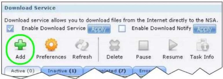 Download Service Download service allows you to download files from the Internet directly to the NSA. Enable Download Service Apply Enable Download Notify Apply Add Preferences Refresh Delete Pause Resume Task Info Active (0) Inactive (1) Completed (7) Error