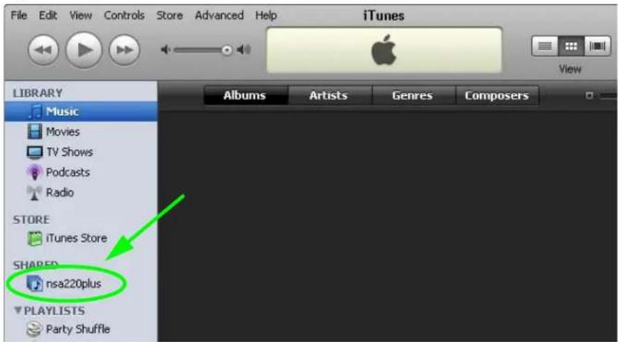 File Edit View Controls Store Advanced Help iTunes View LIBRARY Music Movies TV Shows Podcasts Radio STORE iTunes Store SHARED nsa220plus PLAYLISTS Party Shuffle Albums Artists Genres Composers
