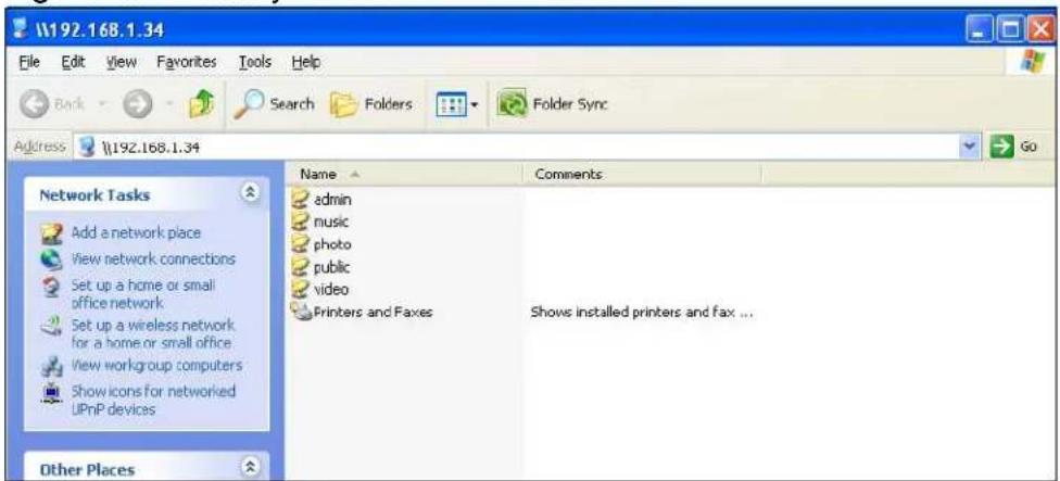 \192.168.1.34 File Edit View Favorites Tools Help Back Search Folders Folder Sync Address \192.168.1.34 Network Tasks Add a network place View network connections Set up a home or small office network Set up a wireless network for a home or small office View workgroup computers Show icons for networked UPnP devices Other Places Name Comments admin music photo public video Printers and Faxes Shows installed printers and fax ...