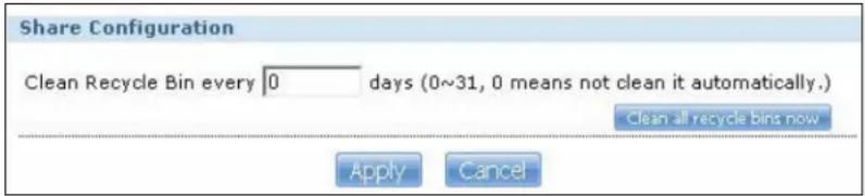Share Configuration Clean Recycle Bin every 0 days (0~31, 0 means not clean it automatically.) Clean all recycle bins now Apply Cancel