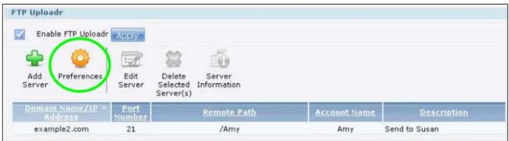 FTP Uploadr Enable FTP Uploadr Apply Add Server Preferences Edit Server Delete Selected Server(s) Server Information Domain Name/IP Address Port Number Remote Path Account Name Description example2.com 21 /Amy Amy Send to Susan
