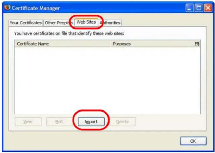 Certificate Manager Your Certificates Other Peoples Web Sites Authorities You have certificates on file that identify these web sites: Certificate Name Purposes Import View Edit Delete OK