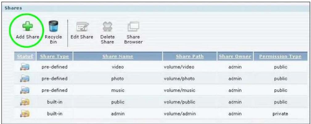 Shares Add Share Recycle Bin Edit Share Delete Share Browser Status Share Type Share Name Share Path Share Owner Permission Type pre-defined video volume/video admin public pre-defined photo volume/photo admin public pre-defined music volume/music admin public built-in public volume/public admin public built-in admin volume/admin admin private