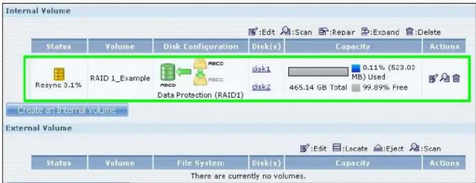 Internal Volume Status Volume Disk Configuration Disk(s) Capacity Actions Rosync 0.1% RAID 1_Example neco Data Protection (RAID1) disk1 0.11% (523.03 MB) Used 465.14 GB Total 99.89% Free Create an Internal Volume External Volume Status Volume File System Disk(s) Capacity Actions There are currently no volumes.
