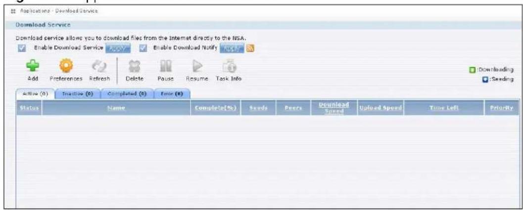 Applications - Download Service Download Service Download service allows you to download files from the Internet directly to the NSA. Enable Download Service Add Preferences Refresh Delete Pause Resume Task Info Active (0) Inactive (0) Completed (0) Error (0) Status Name Complete(%) Seeds Peers Download Speed Upload Speed Time Left Priority