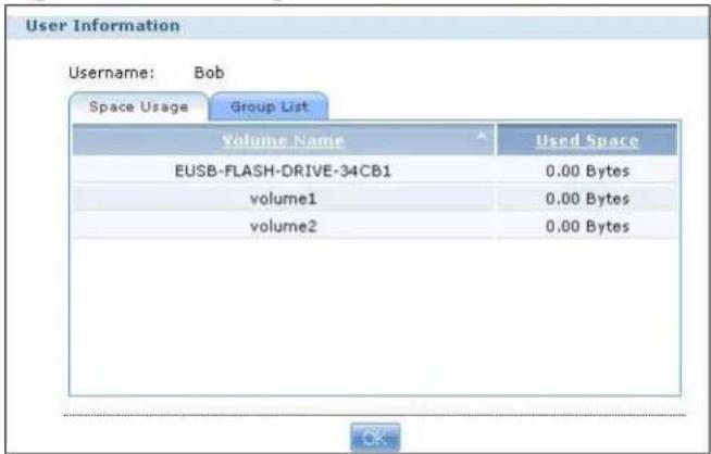 User Information Username: Bob Space Usage Group List Volume Name Used Space EUSB-FLASH-DRIVE-34CB1 0.00 Bytes volume1 0.00 Bytes volume2 0.00 Bytes