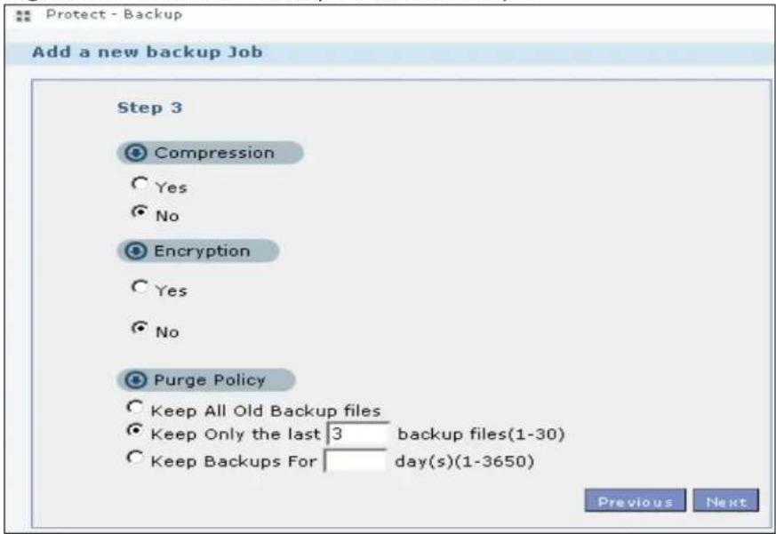 Protect - Backup Add a new backup Job Step 3 Compression Yes No Encryption Yes No Purge Policy Keep All Old Backup files Keep Only the last 3 backup files(1-30) Keep Backups For day(s)(1-3650) Previous Next