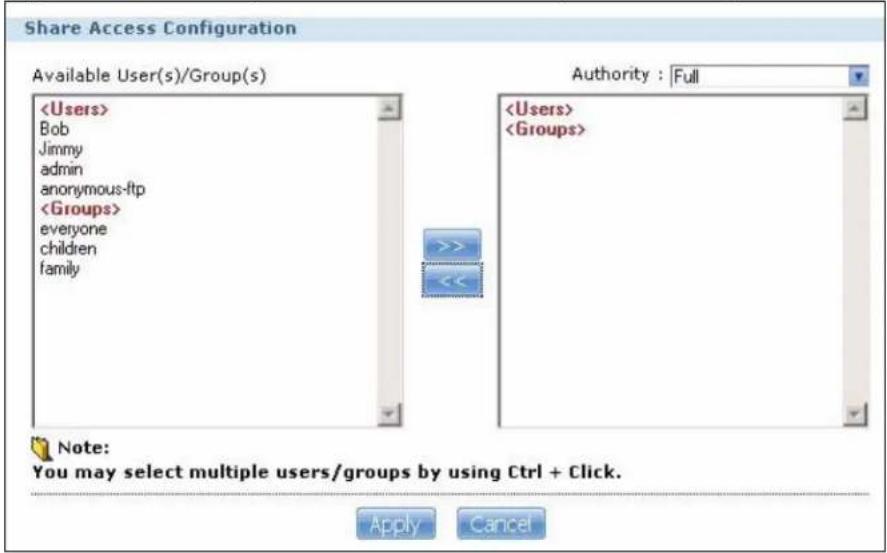 Share Access Configuration Available User(s)/Group(s) Bob Jimmy admin anonymous-ftp everyone children family Authority : Full Note: You may select multiple users/groups by using Ctrl + Click. Apply Cancel
