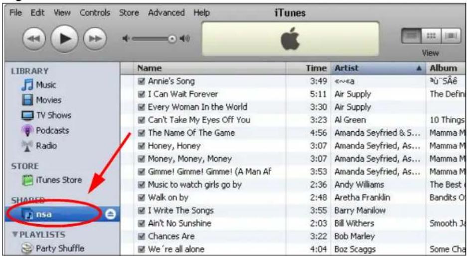File Edit View Controls Store Advanced Help iTunes View LIBRARY Music Movies TV Shows Podcasts Radio STORE iTunes Store SHARED nsa PLAYLISTS Party Shuffle Name Time Artist Album Annie's Song 3:49 «~a I Can Wait Forever 5:11 Air Supply The Defin Every Woman In the World 3:30 Air Supply Can't Take My Eyes Off You 3:23 Al Green 10 Things Mamma M The Name Of The Game 4:56 Amanda Seyfried & S... Mamma M Honey, Honey 3:07 Amanda Seyfried, As... Mamma M Money, Money, Money 3:07 Amanda Seyfried, As... Mamma M Gimme! Gimme! Gimme! (A Man Af 3:53 Amanda Seyfried, As... Mamma M Music to watch girls go by 2:36 Andy Williams The Best C Walk on by 2:48 Aretha Franklin Bandits O I Write The Songs 3:55 Barry Manilow Smooth Ja Ain't No Sunshine 2:03 Bill Withers Chances Are 3:22 Bob Marley Some Cha We're all alone 4:04 Boz Scaggs