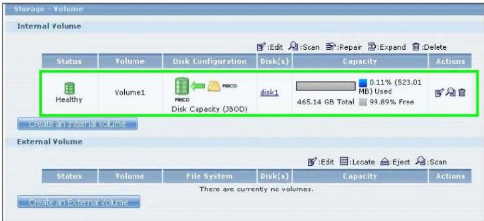 Storage - Volume Internal Volume Status Volume Disk Configuration Disk(s) Capacity Actions Healthy Volume1 RECD disk1 0.11% (523.01 MB) Used 465.14 GB Total 99.89% Free Disk Capacity (JBOD) Create an Internal Volume External Volume Status Volume File System Disk(s) Capacity Actions There are currently no volumes. Create an External Volume