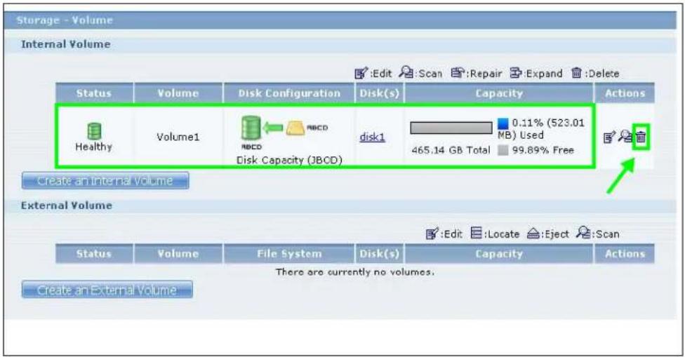 Storage - Volume Internal Volume Status Volume Disk Configuration Disk(s) Capacity Actions Healthy Volume1 RBCD disk1 0.11% (523.01 MB) Used 465.14 GB Total 99.89% Free Disk Capacity (JBCD) Create an internal volume External Volume Status Volume File System Disk(s) Capacity Actions There are currently no volumes. Create an External Volume