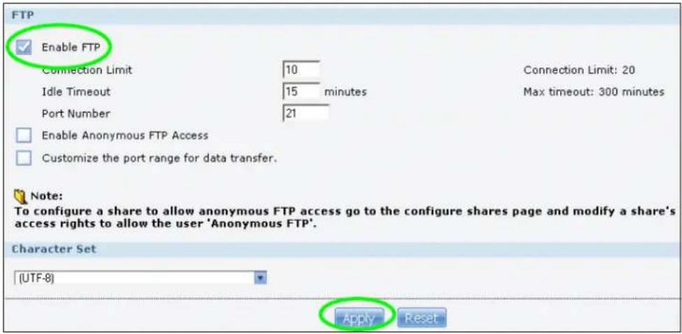 FTP Enable FTP Connection Limit 10 Idle Timeout 15 minutes Port Number 21 Enable Anonymous FTP Access Customize the port range for data transfer. Note: To configure a share to allow anonymous FTP access go to the configure shares page and modify a share's access rights to allow the user 'Anonymous FTP'. Character Set [UTF-8] Apply Reset