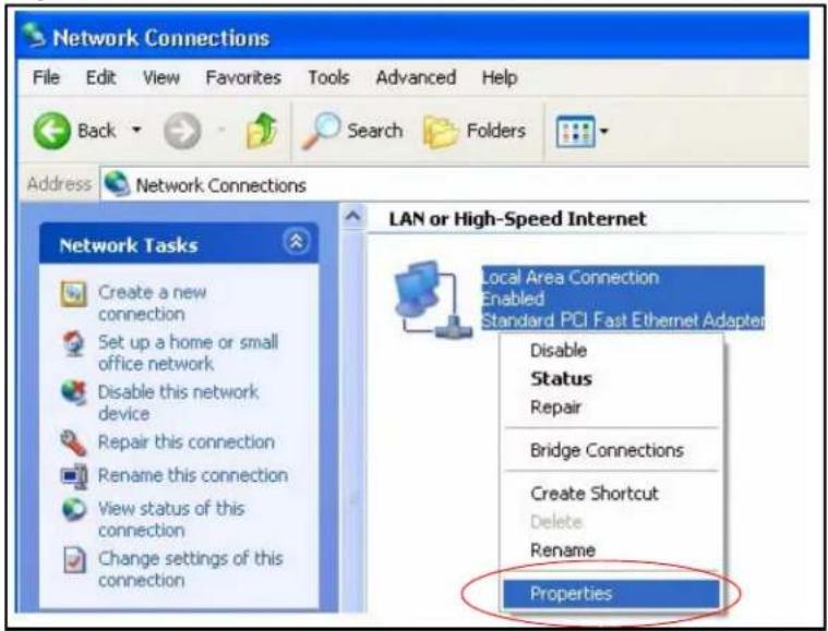 Network Connections File Edit View Favorites Tools Advanced Help Back Search Folders Address Network Connections Network Tasks LAN or High-Speed Internet Create a new connection Set up a home or small office network Disable this network device Repair this connection Rename this connection View status of this connection Change settings of this connection Local Area Connection Enabled Standard PCI Fast Ethernet Adapter Disable Status Repair Bridge Connections Create Shortcut Delete Rename Properties