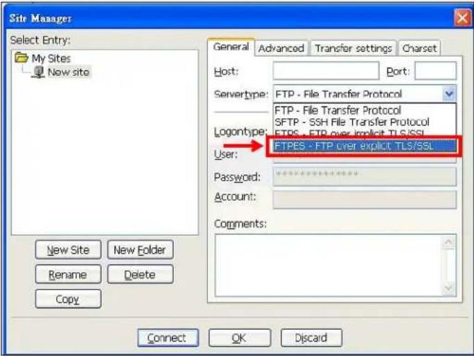 Site Manager Select Entry: My Sites New site General Advanced Transfer settings Charset Host: Port: Servertype: FTP - File Transfer Protocol FTP - File Transfer Protocol SFTP - SSH File Transfer Protocol EFTP - FTP over implicit TLS/SSL Logontype: EFTPES - FTP user explicit TLS/SSL User: User: Password: Account: Comments: New Site New Folder Rename Delete Copy Connect OK Discard