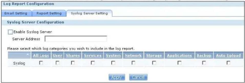 Log Report Configuration Email Setting Report Setting Syslog Server Setting Syslog Server Configuration Enable Syslog Server Server Address Please select which log categories you wish to include in the log report. All Logs User Shares Services System Network Storage Applications Backup Auto Upload Syslog Apply Cancel