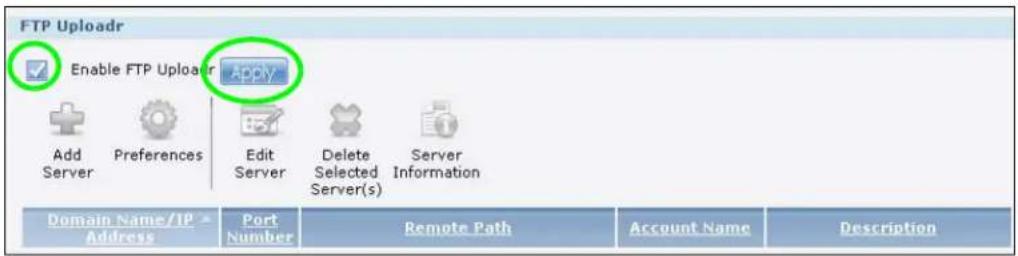 FTP Uploadr Enable FTP Upload Apply Add Server Preferences Edit Server Delete Selected Server(s) Server Information Domain Name/IP > Address Port Number Remote Path Account Name Description