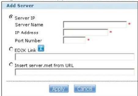Add Server Server IP Server Name IP Address Port Number ED2K Link Insert server.met from URL Apply Cancel