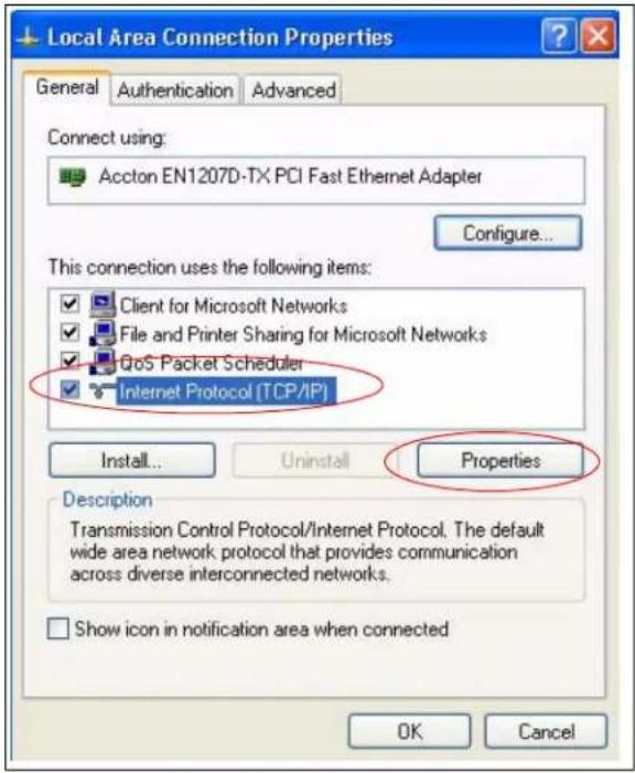 Local Area Connection Properties General Authentication Advanced Connect using: Accton EN1207D-TX PCI Fast Ethernet Adapter Configure... This connection uses the following items: Client for Microsoft Networks File and Printer Sharing for Microsoft Networks QoS Packet Scheduler Internet Protocol [TCP/IP] Install... Uninstall Properties Description Transmission Control Protocol/Internet Protocol. The default wide area network protocol that provides communication across diverse interconnected networks. Show icon in notification area when connected OK Cancel