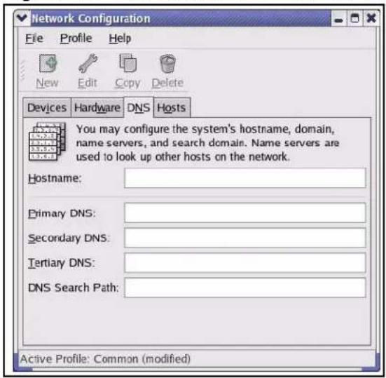 Network Configuration File Profile Help New Edit Copy Delete Devices Hardware DNS Hosts You may configure the system's hostname, domain, name servers, and search domain. Name servers are used to look up other hosts on the network. Hostname: Primary DNS: Secondary DNS: Tertiary DNS: DNS Search Path: Active Profile: Common (modified)