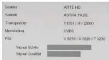 Sender Satiert Transponder Modelation PID ARTE HD ASTRA 19.2E 11361 / H / 22000 DVBS V 6210 / A 6220 / T 6230 Signal Stärke Signal Qusträt