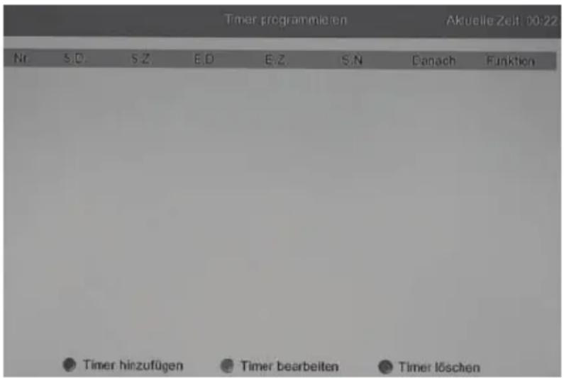 Timer programmieren Aktuelle Zeit: 00:22 Nr. S.D. S.Z. E.D. E.Z. S.N Danach Funktion Timer hinzufügen Timer bearbeiten Timer löschen