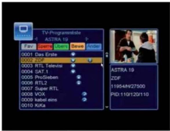 TV-Programmliste ASTRA 19 Fav Open User Bewe Aide 0001 Das Erste 0002 ZDF 0003 RTL Televisi 0004 SAT.1 0005 ProSieben 0006 RTL2 0007 Super RTL 0008 VOX 0009 kabel eins 0010 KJKa ASTRA 19 ZDF 11954/H/27500 PID:110/120/110