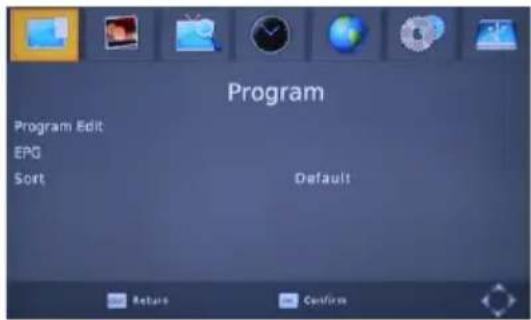 Program Program Edit EPG Sort Default Return Confirm