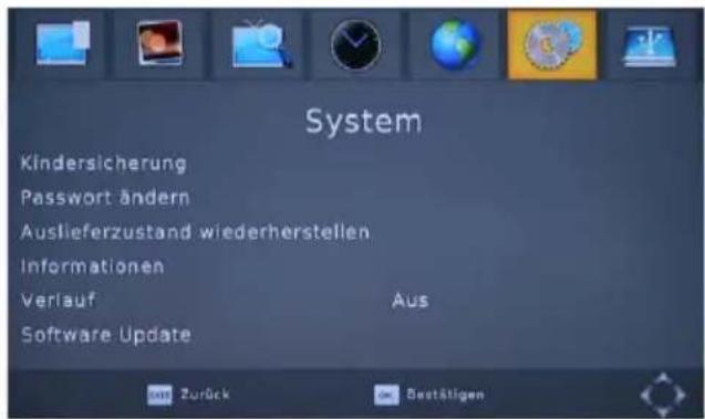 System Kindersicherung Password ändern Auslieferzustand wiederherstellen Informationen Verlauf Aus Software Update zu Zurück Bestätigen