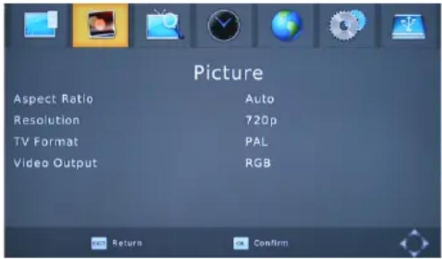 Picture Aspect Ratio Auto Resolution 720p TV Format PAL Video Output RGB Return Confirm