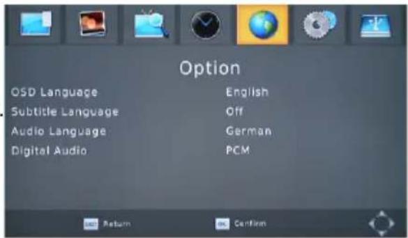Option OSD Language English Subtitle Language Off Audio Language German Digital Audio PCM