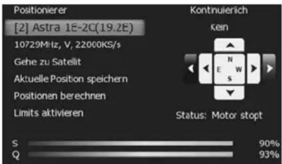 Positionierer [2] Astra 1E-2C(19.2E) 10729MHz, V, 22000KS/s Gehe zu Satellit Aktuelle Position speichern Positionen berechnen Limits aktivieren Kontnuierlich Kein Status: Motor stopt S 90% Q 93%