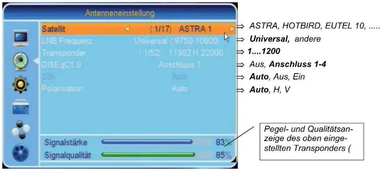 Antenneneinstellung Satellit (1/17) ASTRA 1 LNB Frequenz Universal (9750-10600) Transponder (1/52, 11362 H 22000) DiSEqC1.0 Anschluss 1 22K Auto Polarisation Auto Signalstärke 83% Signalqualität 85% → ASTRA, HOTBIRD, EUTEL 10, ...... → Universal, andere → 1....1200 → Aus, Anschluss 1-4 → Auto, Aus, Ein → Auto, H, V Pegel- und Qualitätsan- zeige des oben einge- stellten Transponders (