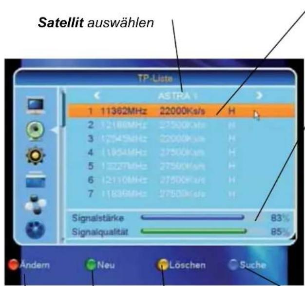 Satellit auswählen TP-Liste ASTRA 1 1 11362MHz 22000Ku/s H 2 12180MHz 27500Ku/s H 3 12545MHz 22000Ku/s H 4 11954MHz 27500Ku/s H 5 12227MHz 27500Ku/s H 6 12110MHz 27500Ku/s H 7 11836MHz 27500Ku/s H Signalstärke 83% Signalqualität 85% Ändern Neu Löschen Suche