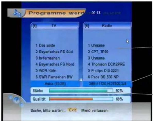 Programme werden 00:18 [6] TV [6] Radio 1 Das Erste 2 Bayerieches FS Süd 3 hr-fernsehen 4 Bayerisches FS Nord 5 WDR Köln 6 SWR Fernsehen BW Astra (19.2E) 1 Unname 2 CPT_TP69 3 Unname 4 Thomson DCH12PRE 5 Phillips DIS 2221 6 Pace DS 830 NP 3/66:11720.H.27500.3/4 Stärke 92% Qualität 68% Suche, bitte warten... Exit Menü verlassen
