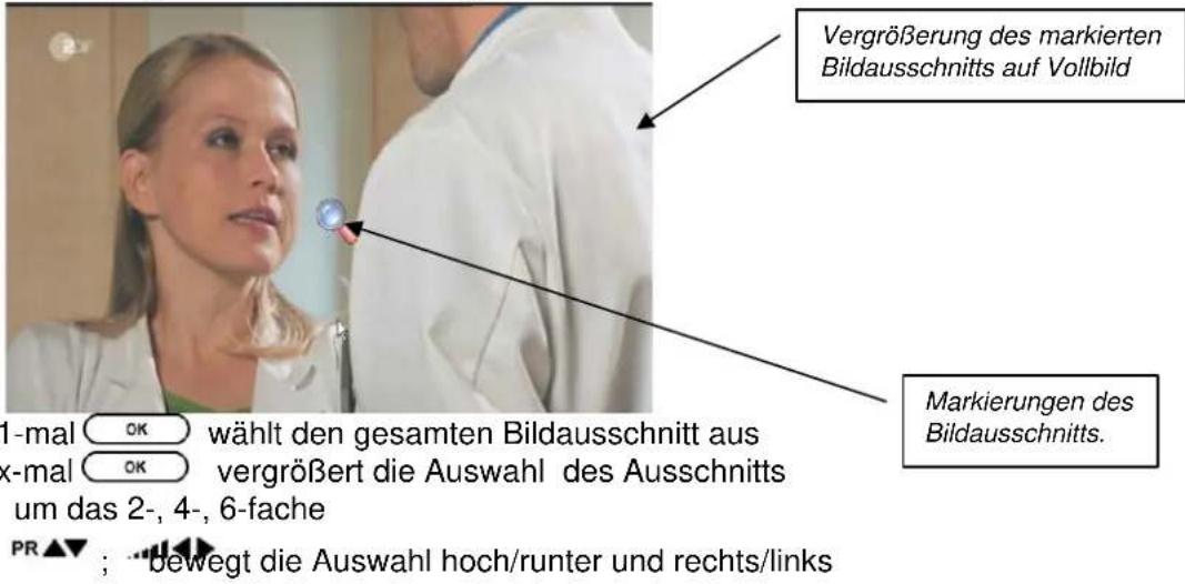 Vergrößerung des markierten Bildausschnitts auf Vollbild Markierungen des Bildausschnitts. 1-mal OK wählt den gesamten Bildausschnitt aus x-mal OK vergrößert die Auswahl des Ausschnitts um das 2-, 4-, 6-fache PR ▲▼ ; bewegt die Auswahl hoch/runter und rechts/links