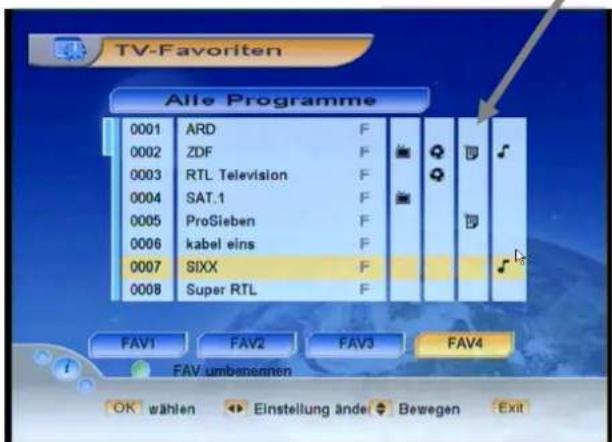 TV-Favoriten Alle Programme 0001 ARD F 0002 ZDF F 0003 RTL Television F 0004 SAT.1 F 0005 ProSieben F 0006 kabel eins F 0007 SIXX F 0008 Super RTL F FAV1 FAV2 FAV3 FAV4 FAV umbenennen OK wählen Einstellung ände Bewegen Exit