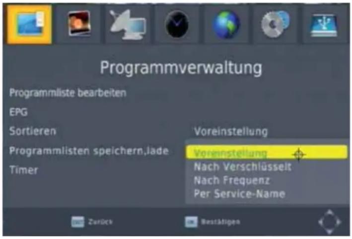 Programmverwaltung Programmliste bearbeiten EPG Sortieren Voreinstellung Programmlisten speichern,lade Timer Voreinstellung Nach Verschlüsselt Nach Frequenz Per Service-Name Zurück Bestätigen