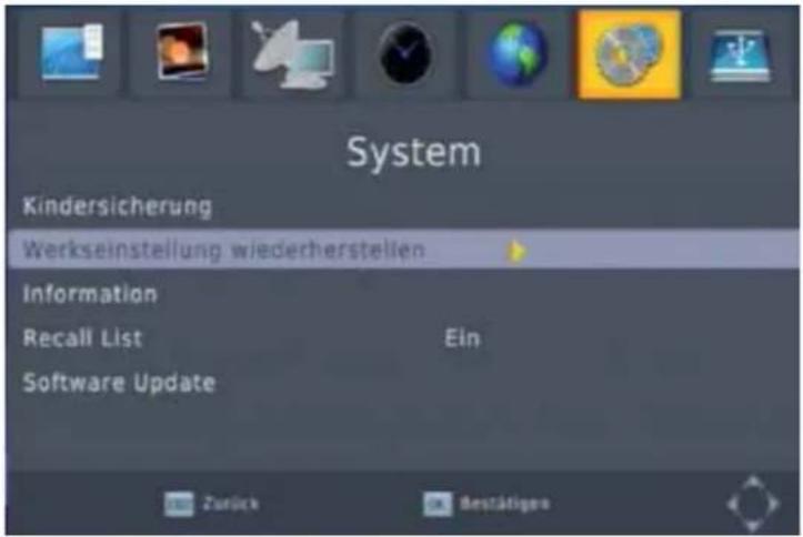 System Kindersicherung Werkseinstellung wiederherstellen Information Recall List Ein Software Update Zurück Bestätiges
