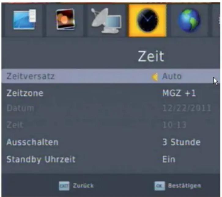 Zeit Zeitversatz Auto Zeitzone MGZ +1 Datum 12/22/2011 Zeit 10:13 Ausschalten 3 Stunde Standby Uhrzeit Ein EXIT Zurück OK Bestätigen