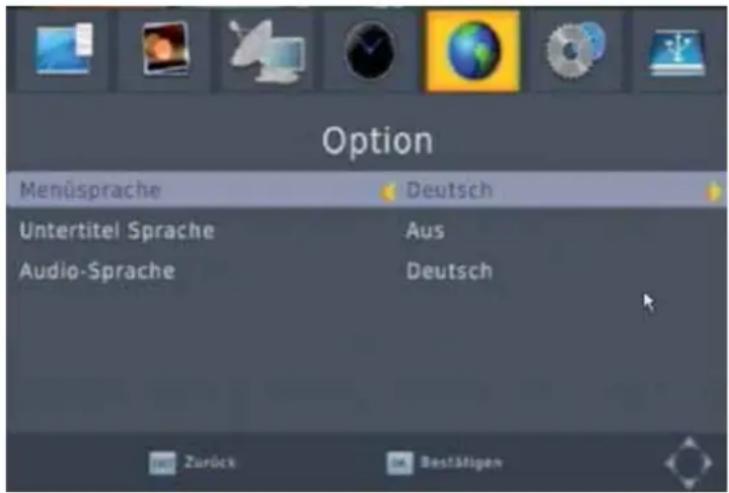Option Menüsprache Deutsch Untertitel Sprache Aus Audio-Sprache Deutsch Zurück Bestätigen