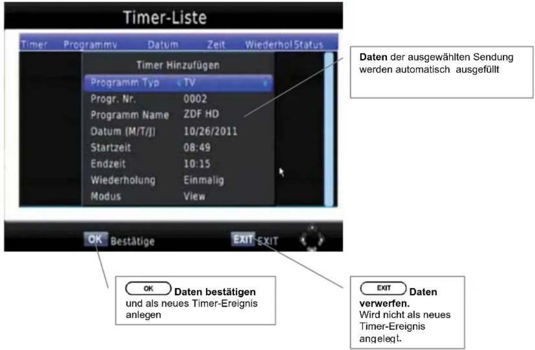 Timer-Liste Timer Programmv Datum Zeit Wiederhol Status Timer Hinzufügen Programm Typ TV Progr. Nr. 0002 Programm Name ZDF HD Datum (M/T/J) 10/26/2011 Startzeit 08:49 Endzeit 10:15 Wiederholung Einmalig Modus View Daten der ausgewählten Sendung werden automatisch ausgefüllt OK Bestätige EXIT EXIT OK Daten bestätigen und als neues Timer-Ereignis anlegen EXIT Daten verwerfen. Wird nicht als neues Timer-Ereignis angelegt.