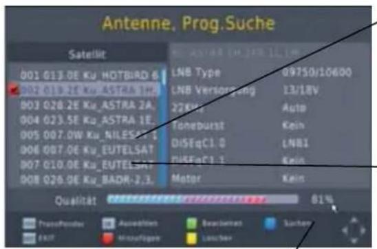 Antenne. Prog.Suche Satellit 001 013.0E Ku HDTBAD 6 02 013.2E Ku ASTRA 1A 003 028.2E Ku ASTRA 2A 004 023.5E Ku ASTRA 1E 005 007.0W Ku NILSAT 1 006 007.0E Ku EUTELSAT 007 010.0E Ku EUTELSAT 008 026.0E Ku BADR-2.3. LNB Type LNB Versorgung 22GHz Toneburst DiSEqC1.0 DiSEqF1.1 Motor 09750/10600 13/18V Auto Kein LNBI Kein Kein Qualität 61% Prozofinder Ausleihen Braunberat Sanken KuZ Mauzuflagen Lauchan
