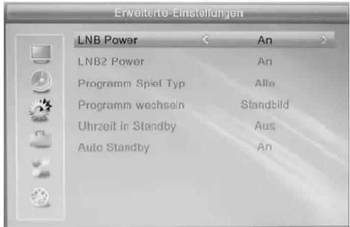 Erweiterte-Einstellungen LNB Power An LNB2 Power An Programm Spiel Typ Alle Programm wechseln Standbild Uhrzeit in Standby Aus Auto Standby An