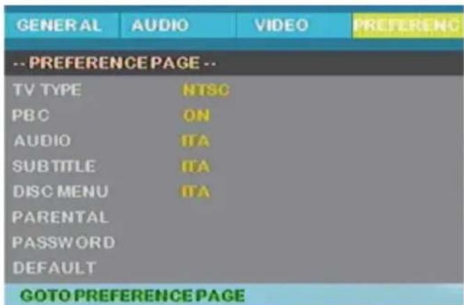 GENERAL AUDIO VIDEO PREFERENC -- PREFERENCE PAGE -- TV TYPE NTSC PBC ON AUDIO ITA SUBTITLE ITA DISC MENU ITA PARENTAL PASSWORD DEFAULT GOTO PREFERENCE PAGE