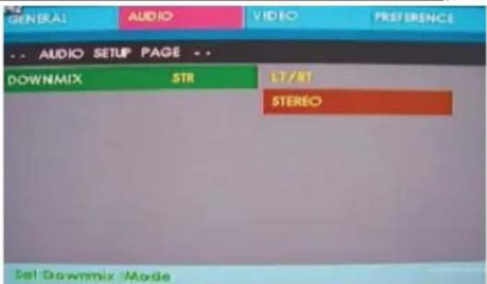 GENERAL AUDIO VIDEO PREFERENCE . . AUDIO SETUP PAGE . . DOWNMIX STR LT/RT STEREO Set Downmix Mode