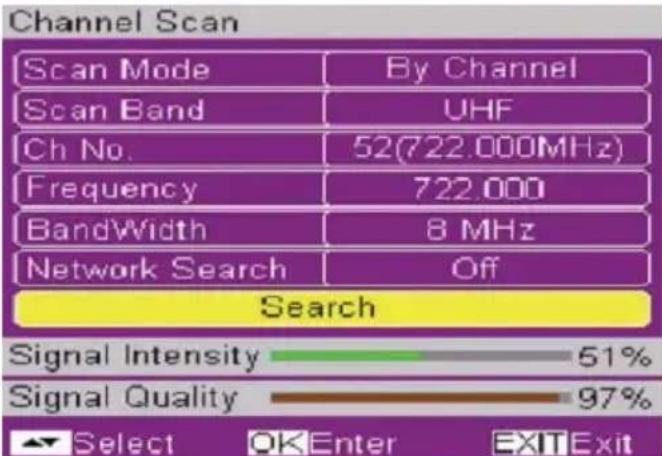 Channel Scan Scan Mode By Channel Scan Band UHF Ch No. 52(722.000MHz) Frequency 722.000 BandWidth 8 MHz Network Search Off Search Signal Intensity 51% Signal Quality 97% Select OKEnter EXITExit