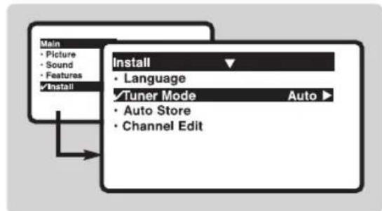 Main • Picture • Sound • Features ✓Install Install • Language Tuner Mode Auto ▶ • Auto Store • Channel Edit